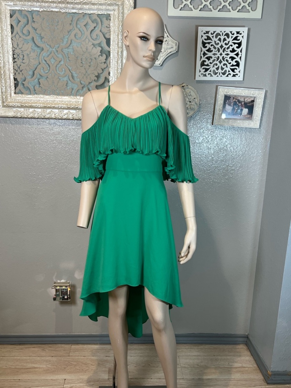 Halston Heritage Emerald Green High-Low Cold-Shoulder Dress